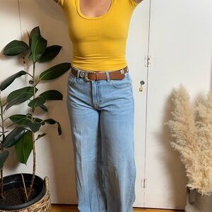 Yellow Scoop Neck Top and Light Blue Jeans